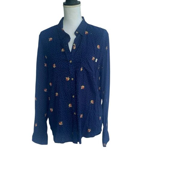 Obey Propaganda Womens Navy Blue Floral Dot Button Down Blouse Large - Picture 1 of 5